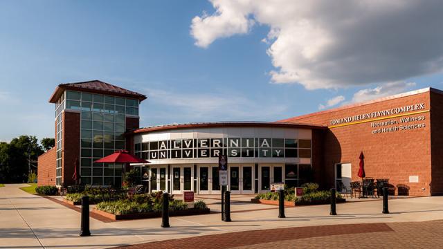 An exterior view of Alvernia's Tom and Helen Flynn Complex for Recreation, Wellness and Health Sciences (PLEX).