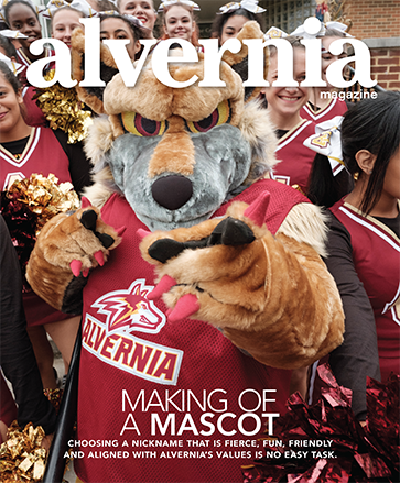 "Making of a Mascot" Alvernia Magazine cover, winter 2018