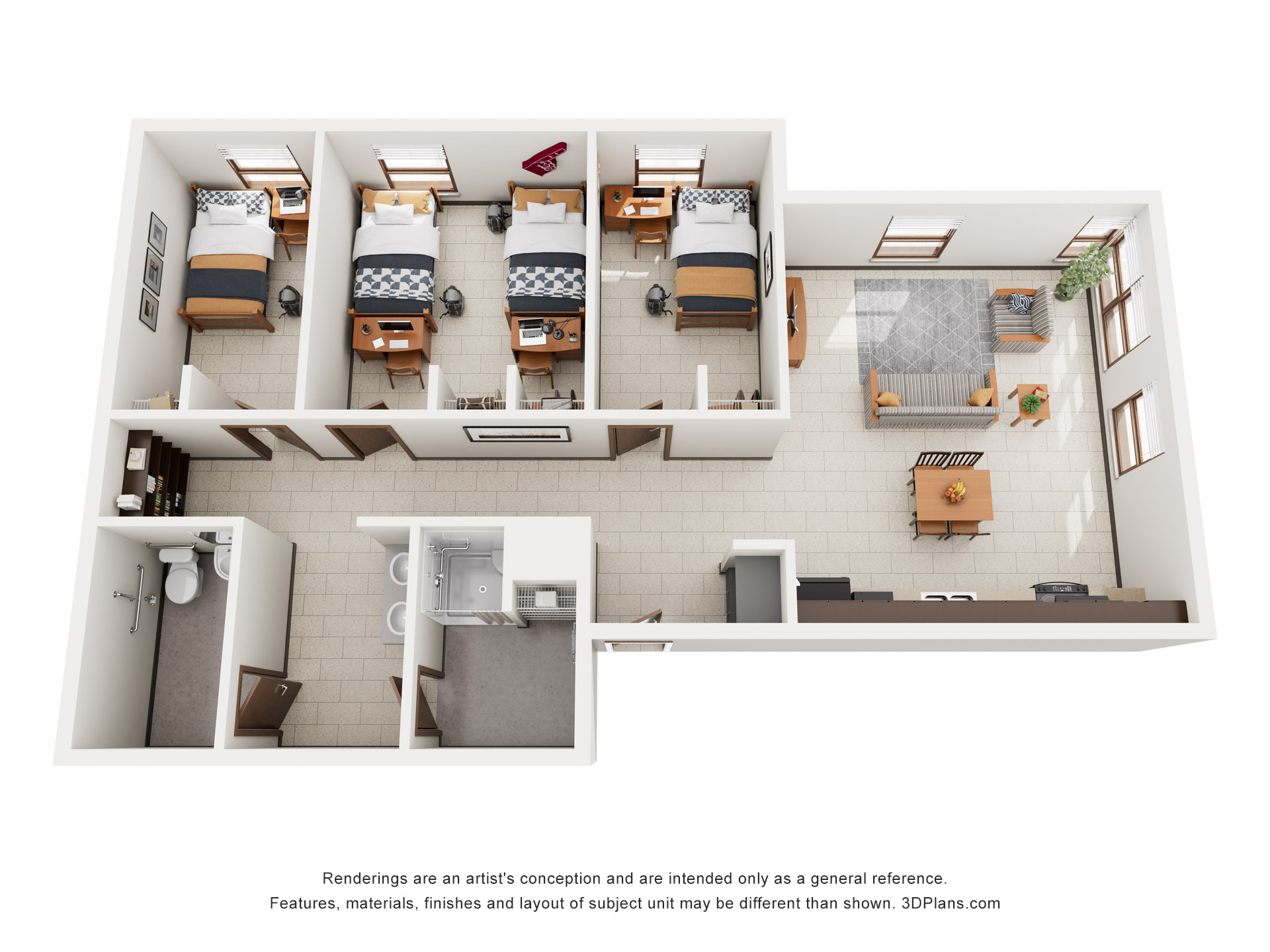 Ehlerman Hall 1 Shared Room, 2 Single Room End Suite rendering