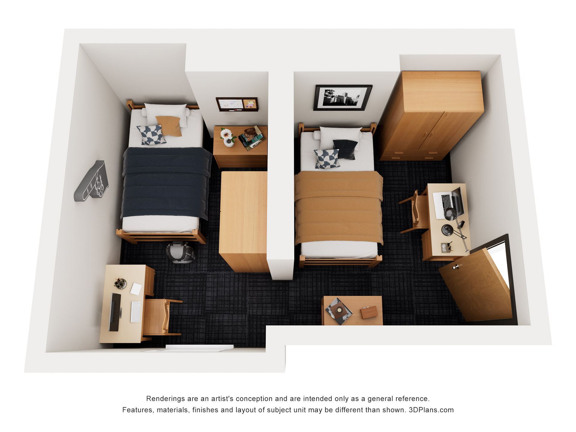 Francis Hall Shared Room with Wall Separation Rendering