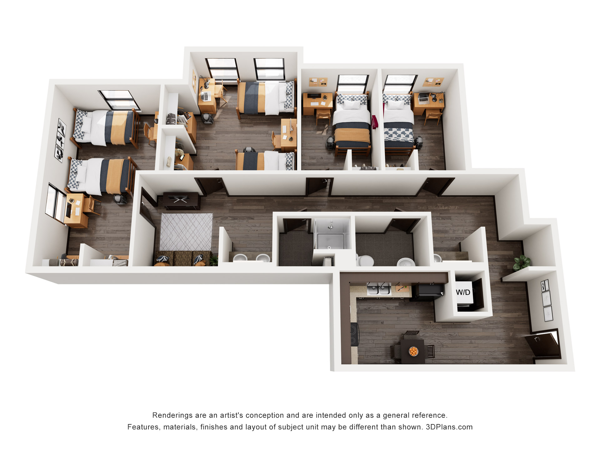 Holleran Hall 2 Shared Room, 2 Single Room Suite Rendering