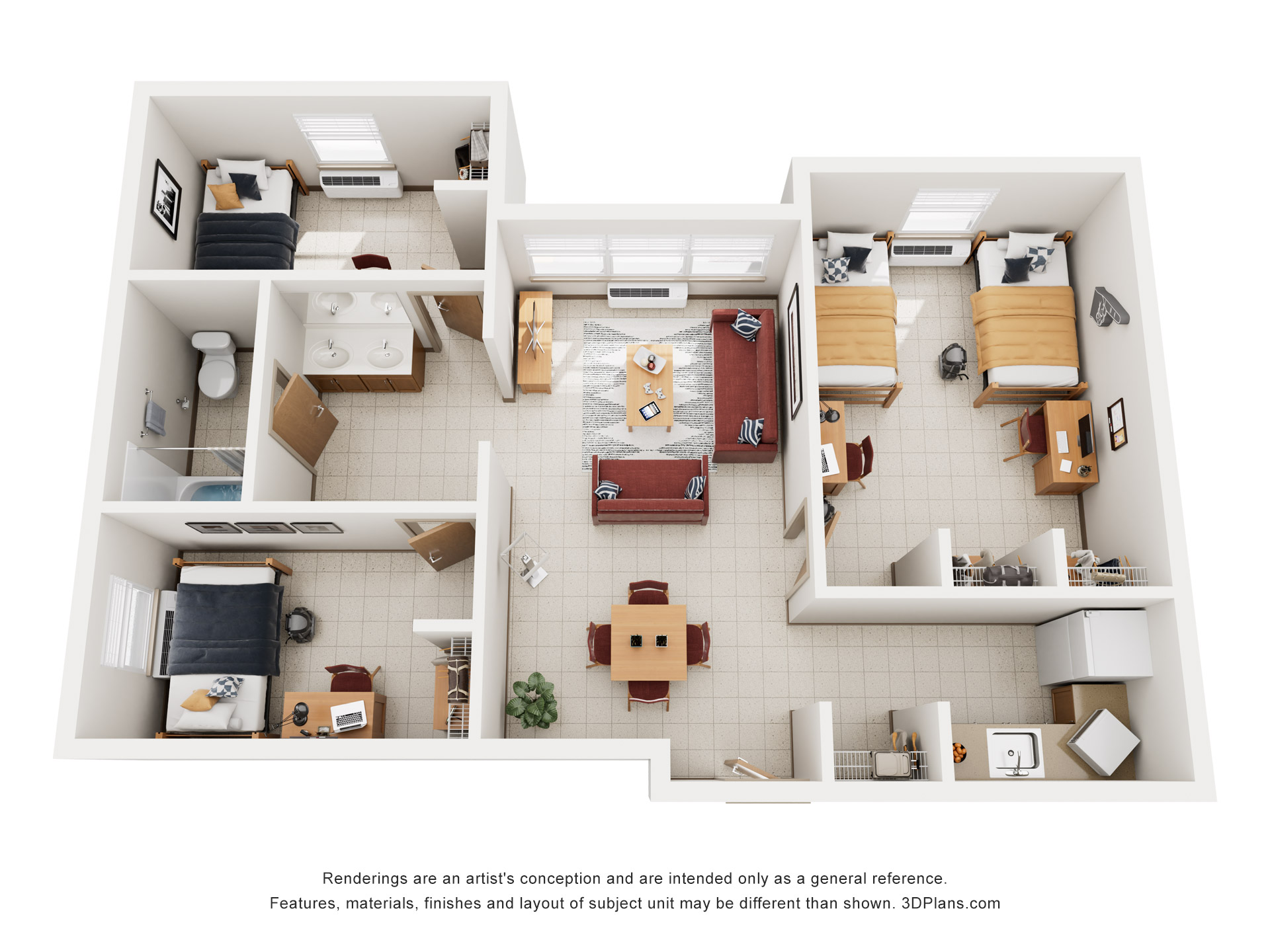 Judge Hall 1 Shared Room, 2 Single Room Suite Rendering
