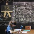 Student uses Bernardine Hall lounge to study