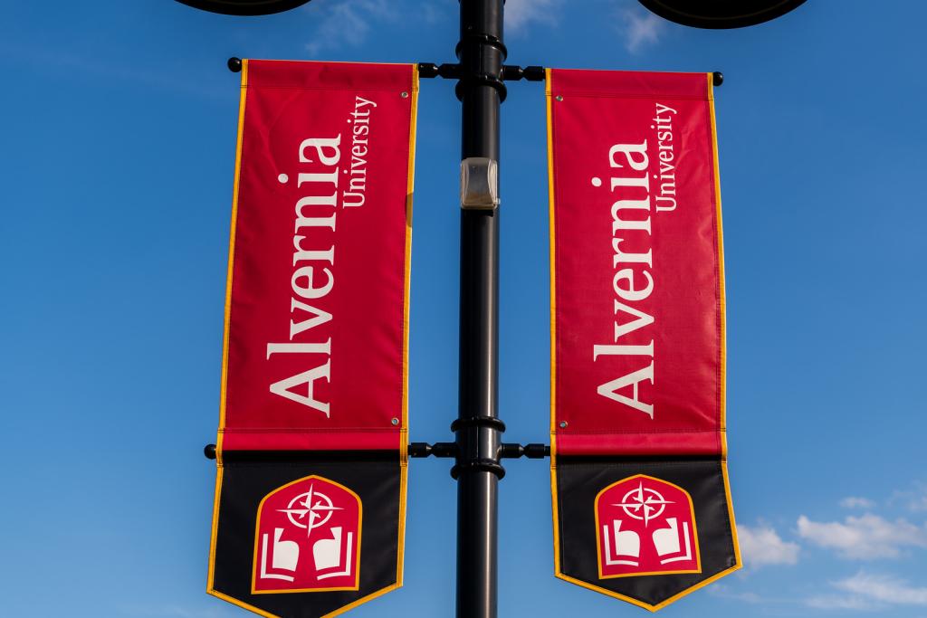 Banners hang throughout Alvernia University's campus.