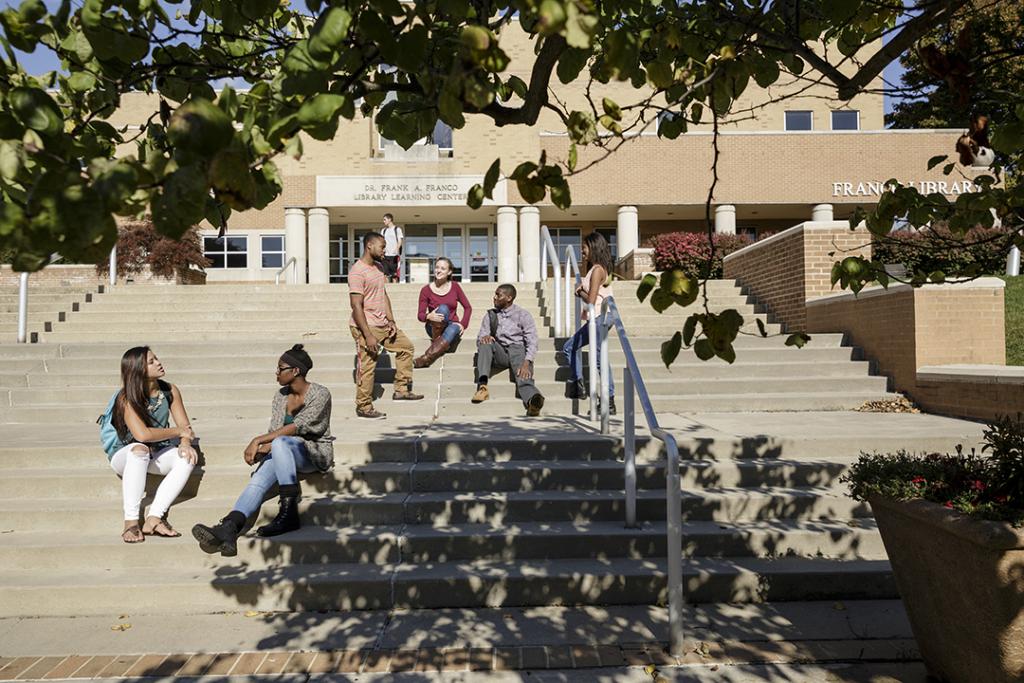 Diverse students on library stairs