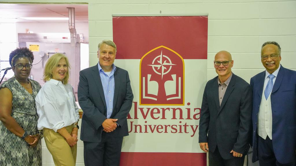 Ohenewaa D. White-Ra, MSW, Bachelor of Social Work (BSW) Program Director, Alvernia University; Julia Ingersoll, JD, Executive Vice President, Harcum College;  Dr. Gaetan T. Giannini, Vice President for Graduate and Adult Education, Alvernia University; David Castro, President and CEO, I-LEAD, Inc.; and Rev. Glen Spaulding, Senior Pastor, Deliverance Church