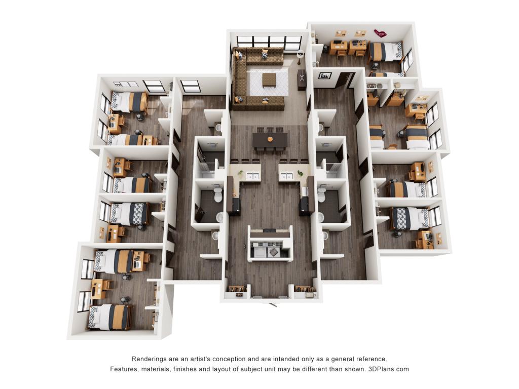 Holleran Hall 4 Shared Room, 4 Single Room Suite Rendering