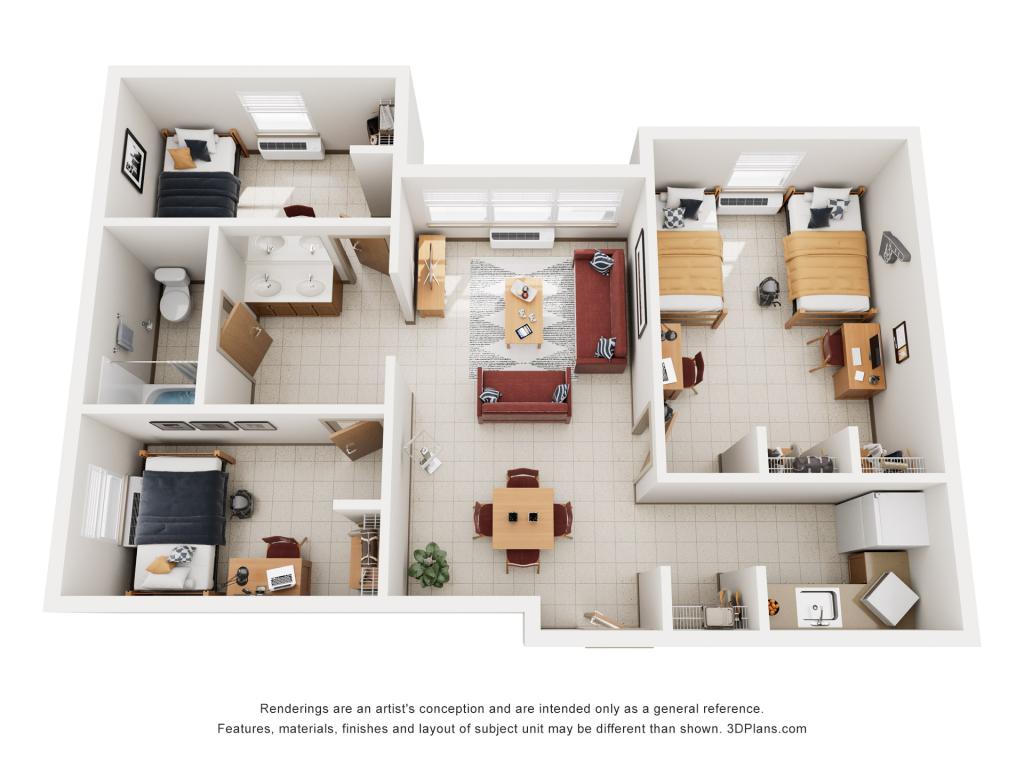 Judge Hall 1 Shared Room, 2 Single Room Suite Rendering