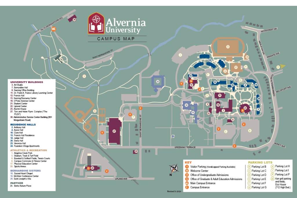 Revised Campus Map of Alvernia University for 2022