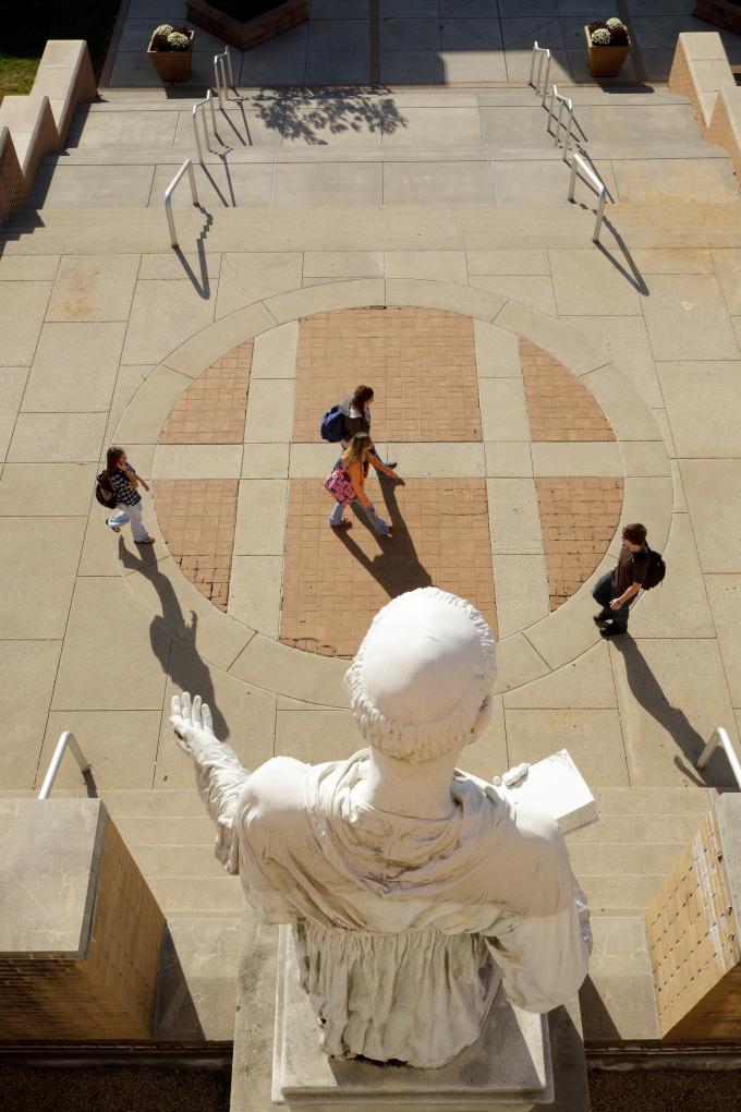 St. Francis statue overlooking library patio