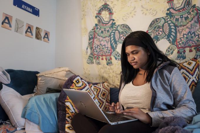 Student in her dorm room 