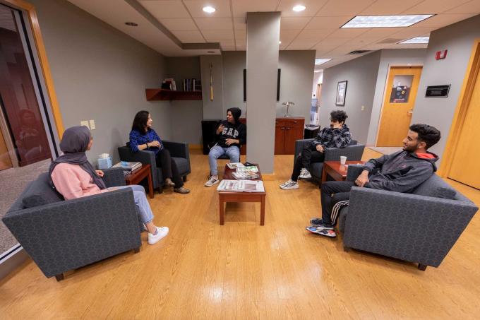 Students in the admissions office lounge