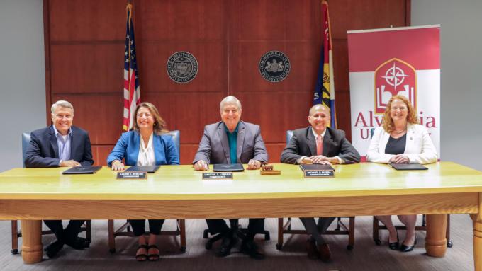 From left: Alvernia Vice President for Graduate and Adult Education Gaetan Gianini, Ed.D., Berks County Commissioners Lucine E. Sihelnik, Christian Y. Leinbach, Michael S. Rivera and Alvernia President Glynis A. Fitzgerald, Ph.D.