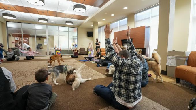 Puppy Yoga at Alvernia's 2023 Homecoming.