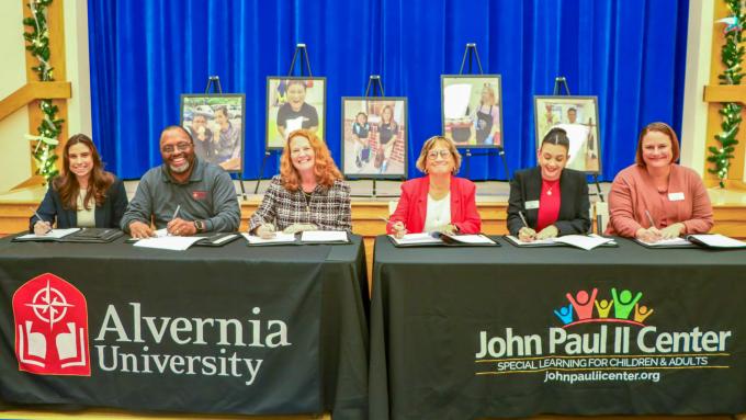 O’Pake Institute Director of Student Services Katie Hestor, Alvernia Vice President of Research, Economic Development and Strategic Initiatives, Rodney S. Ridley, Sr., Alvernia President Glynis A. Fitzgerald, Ph.D., Assistant Superintendent for the Diocese of Allentown Karen Rolston, John Paul II Center Principal Kaylee Simcik, John Paul II Center Transitions Program Coordinator Rene Berkhammer