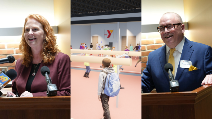 Alvernia University President Glynis A. Fitzgerald, Ph.D., rendering of new YMCA Gymnastics space at Pottsville CollegeTowne and YMCA Board of Directors President Thomas Smith