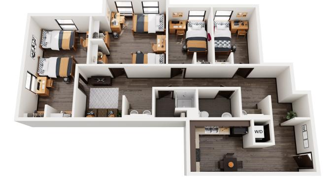 Holleran Hall 2 Shared Room, 2 Single Room Suite Rendering