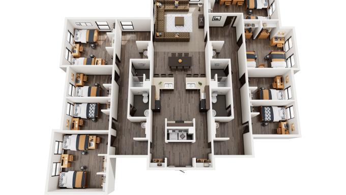 Holleran Hall 4 Shared Room, 4 Single Room Suite Rendering