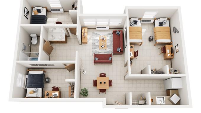 Judge Hall 1 Shared Room, 2 Single Room Suite Rendering