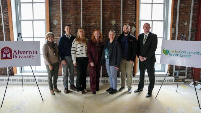 From left: Breidegam Family Foundation President Paula Barrett, Dan Miksiewicz, Katelyn Miksiewicz-Kline, Alvernia President Glynis A. Fitzgerald, Ph.D., Berks Community Health Center Chief Medical Officer Karen Wang, MD, Matt Miksiewicz, Alvernia University Vice President of Advancement and Government Affairs Thomas Minick ’98 MBA ‘10
