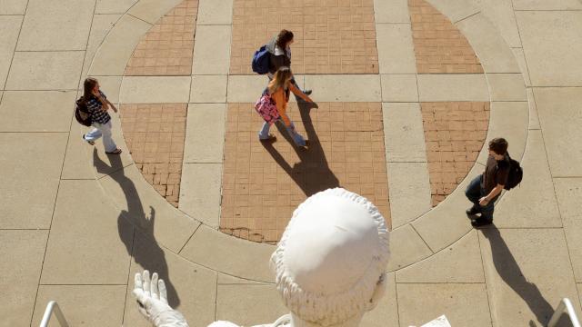 St. Francis statue overlooking library patio