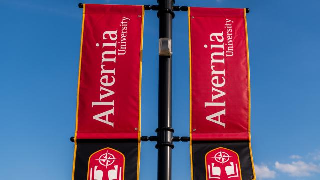 Banners hang throughout Alvernia University's campus.